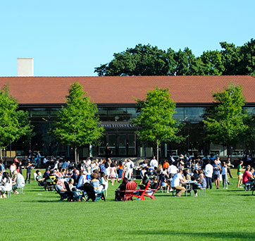 Students sitting outside. Links to Gifts of Cash, Checks, and Credit Cards